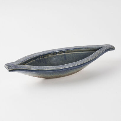 A Blue Glazed Studio Pottery Canoe Bowl