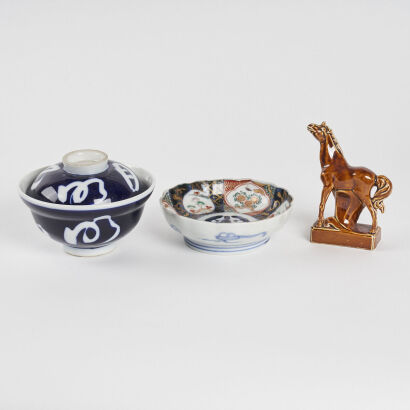 A Japanese Blue and White Lidded Bowl, A Imari Lobed Bowl & A Porcelain Figure of Horse