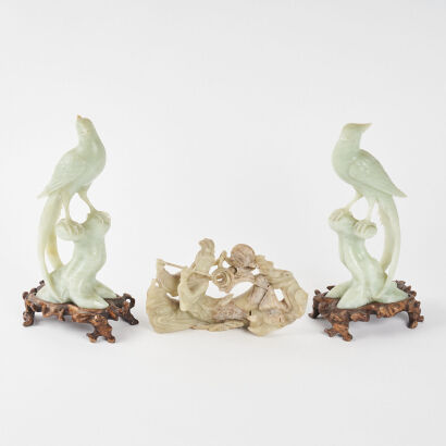 A Pair of Chinese Jade Figures of Golden Pheasants(with original wooden base, chipped) & A Jade Figure of a Lady(chipped)