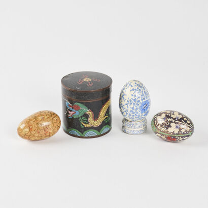 A Small Chinese 19th Century Cloisonne Lidded Jar(chipped) & Three Enamelled Eggs