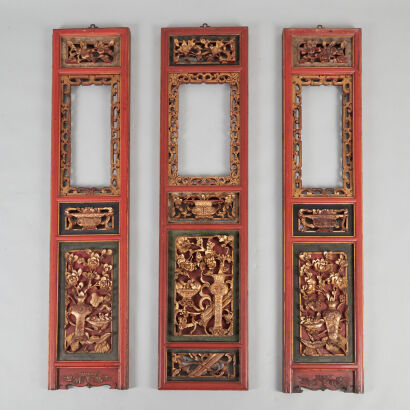 Three Carved Chinese Qing-Dynasty Red Lacquered Gilt Window Panels