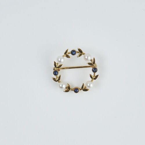 9ct Gold Pearl and Sapphire Brooch