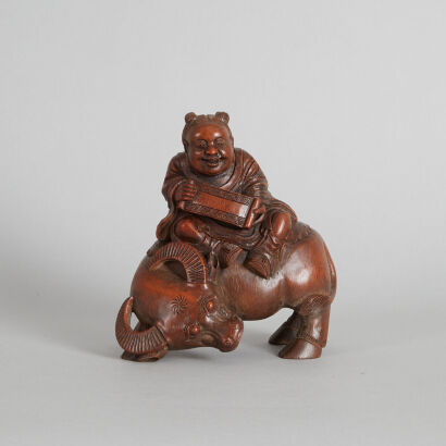 A Carved Chinese Qing-Dynasty Bamboo Figure of Boy and Buffalo