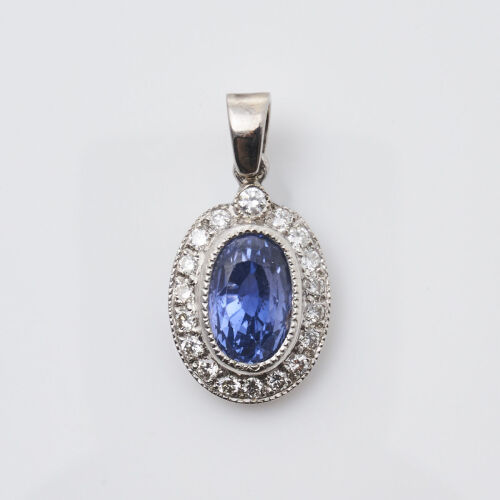 18ct White Gold, 3.88ct Sapphire and Diamond Pendant