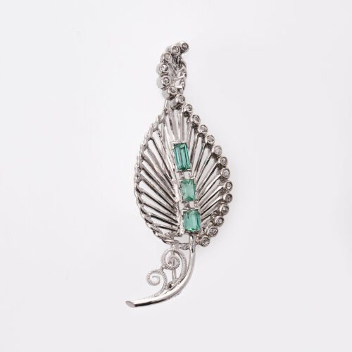 An Antique, 14ct White Gold, Emerald and Diamond Leaf Brooch