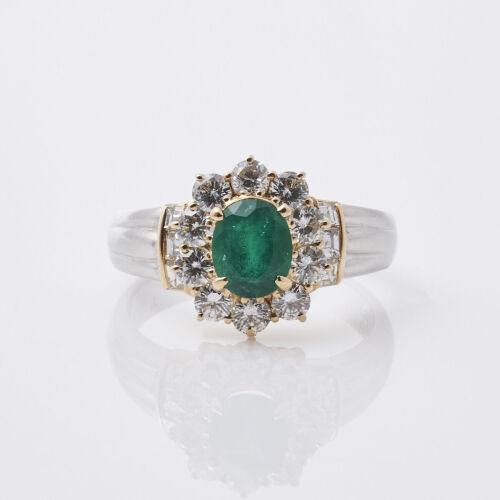18ct White Gold, .85ct Emerald and Diamond Ring