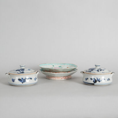 Two Chinese Qing-Dynasty Famille Rose Dishes & Two Small Blue and White Lidded Bowls