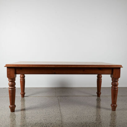 A Large Pine Farmhouse Kitchen Table With Turned Legs