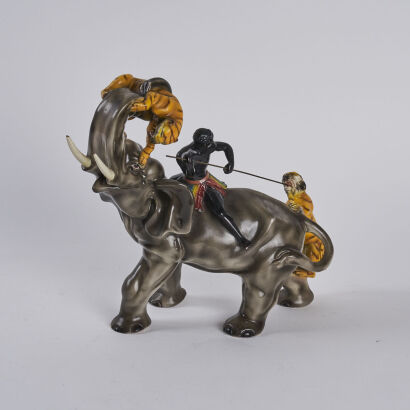 A 1950s Blackamoor Mahout Warrior Elephant Tiger Statue - Medium