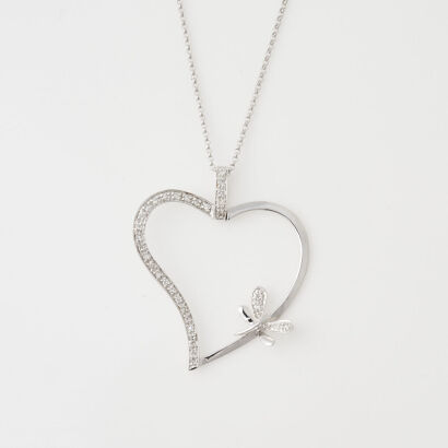 14ct White Gold, Diamond Heart and Butterfly Necklace
