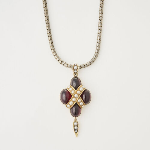 9ct Yellow Gold, Victorian Garnet and Seed Pearl Mourning Pendant