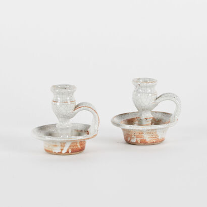 A Pair Of Shino Glaze Candleholders By Peter Oxborough