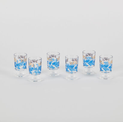 A Set Of Vintage French Liquor Glasses In Gold And Blue