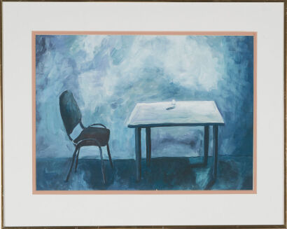 A Gold Framed Print Empty Room With Table And Chair