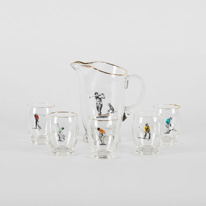 A Hand Painted Vintage Golfers Pitcher And Glasses Set