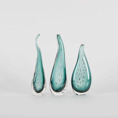 A Trio Of Turquiose Handblown Glass Curved Forms