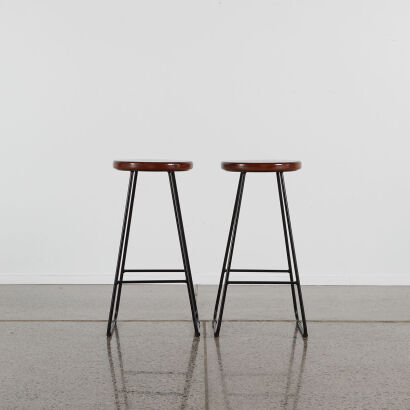 A Pair Of Black Metal Sleigh Base Barstools with A Mahogany Seat