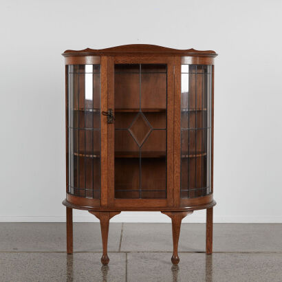 An Antique Oak Art Deco Cabinet With Lead-light Doors