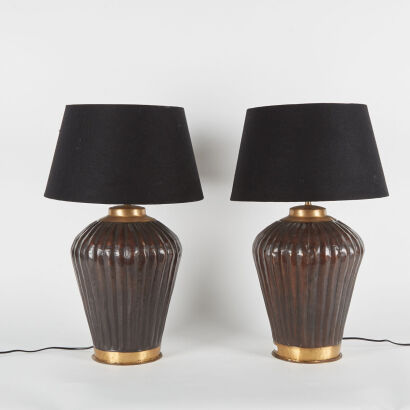 A Pair of Ribbed Brass Bedside Table Lamps