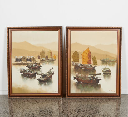 F C CHEUNG A Pair Of Original Signed Oil On Canvas Boats