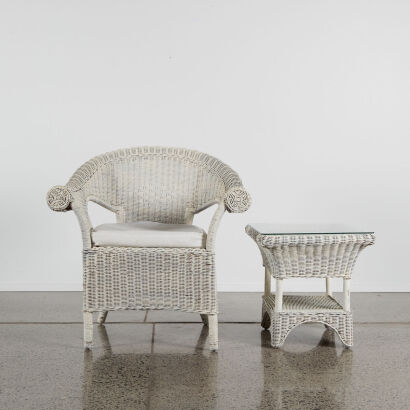 A White Cane Armchair & Matching Side Table With Glass Top