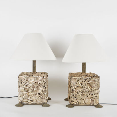 A Pair Of Metal Italian Brass Shell Lamps