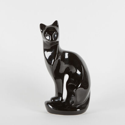 A Large Black Glazed Ceramic Feline Statue