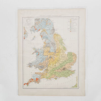 An Antique England & Wales Geological Map c. 1899 Meridian 0 of Greenwich