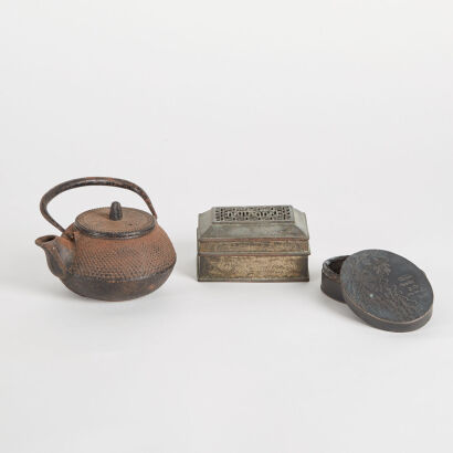 A Chinese Republic Period White Metal Ink Box, A Perfumier & A Japanese Iron Teapot