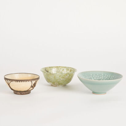 A Chinese Green Jade Bowl, A Korean Celadon Conical Bowl & A Mounted Jade Bowl