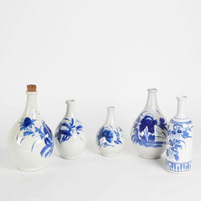 A Group of Five Korean or Japanese 19th to Early 20th Century Blue and White 'Floral' Vases