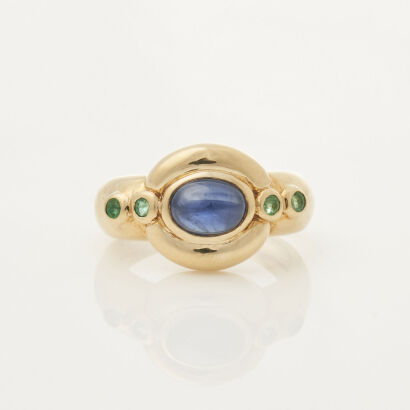 18ct Yellow Gold, Cabochon Sapphire and Emerald Ring