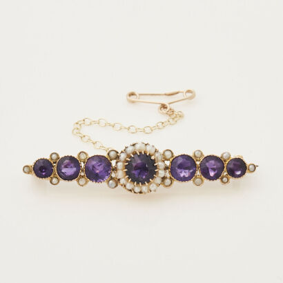 9ct Yellow Gold, Amethyst & Seed Pearl Brooch