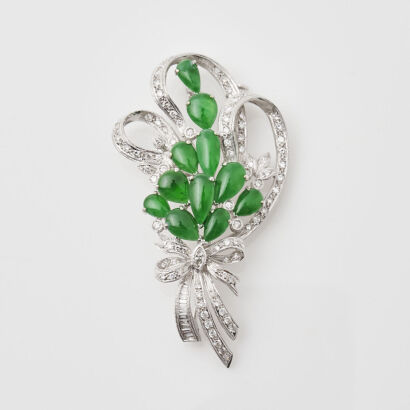 18ct White Gold, Jade & Diamond Floral Spray Brooch or Pendant