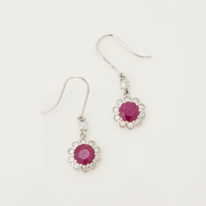 14ct White Gold, 1.89ct Ruby and Diamond Cluster Earrings on French Hook