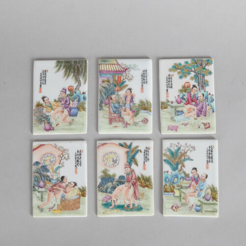 A Group of Six Chinese Famille Rose Porcelain Plaques of Shunga