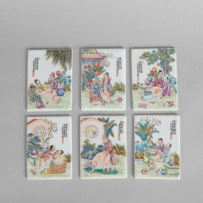 A Group of Six Chinese Famille Rose Porcelain Plaques of Shunga