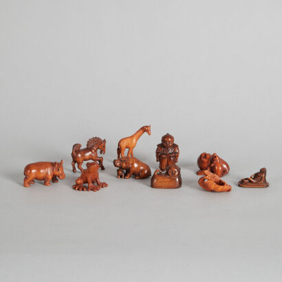 A Group of Carved Japanese Wooden Figures