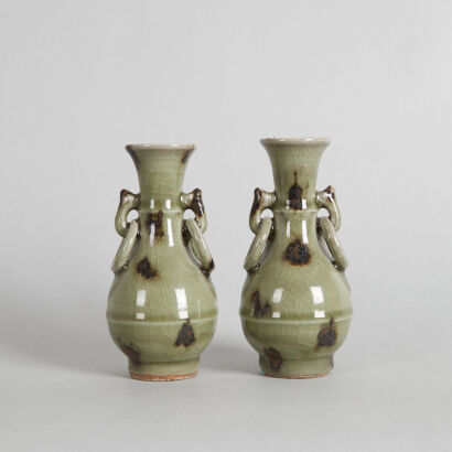 A Pair od Chinese Ming-Dynasty Celadon-Glazed Splashed Two-Handled Vases