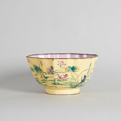 A Chinese Mid Qing Dynasty (18th Century) Canton Enamel 'Duck and Lotus' Lobbed Bowl(hallmark)