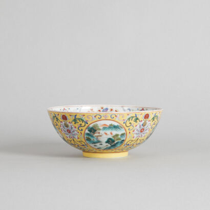 A Chinese Early 20th Century Famille Rose 'Landscape' Medallion Bowl(Da Qing Daoguang Nian Zhi Mark, repaired)