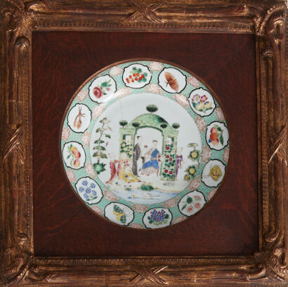 A Chinese Early Qing Dynasty (18th Century) Famille Rose Plate of 'Cornelius Pronk' design C.1740(displayed in an old French frame, repaired)