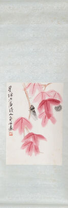 A Chinese Painting: Cicada by Red Leaves(Qi Baishi Mark, wood block print from Rongbaozhai in 1950)