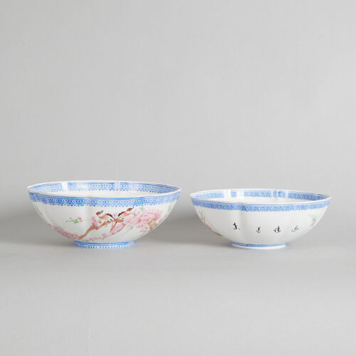 A Set of Two Chinese Famille Rose 'Flower and Bird' Bowls