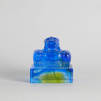 A Chinese Blue-Glazed 'Mythical Beast' Glass Seal (Liuli Gongfang Mark, made in 1999, No.431/445)