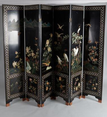 A Chinese Mid 20th Century Black Lacquered 'Flower and Bird' Six-Fold Screen