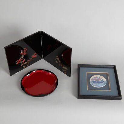 A Piece of Japanese Kutani Porcelain Plaque, A Lacquered Dish & A Small Lacquered 'Chrysanthemum' Screen