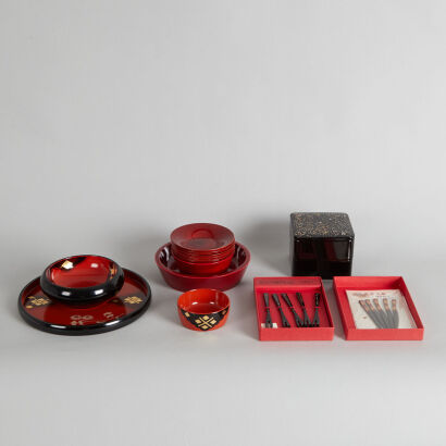 A Group of Japanese Lacquered Dishes, Bowls, Boxes & A Set of Japanese Lacquered Cutlery