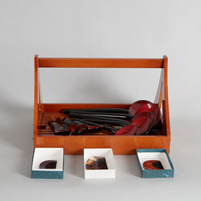 A Japanese Lacquered Tea Basket, Nine Lacquered Spoons and Two Box of Combs