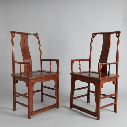 A Pair of Chinese 19th Century Qing-Dynasty Elmwood Armchairs(with original receipt)